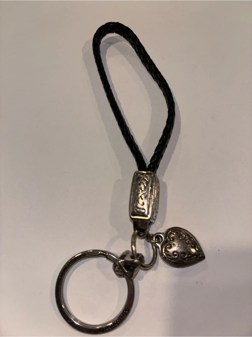 NWOT Brighton Silver Scroll Heart Black Braided Leather Keychain